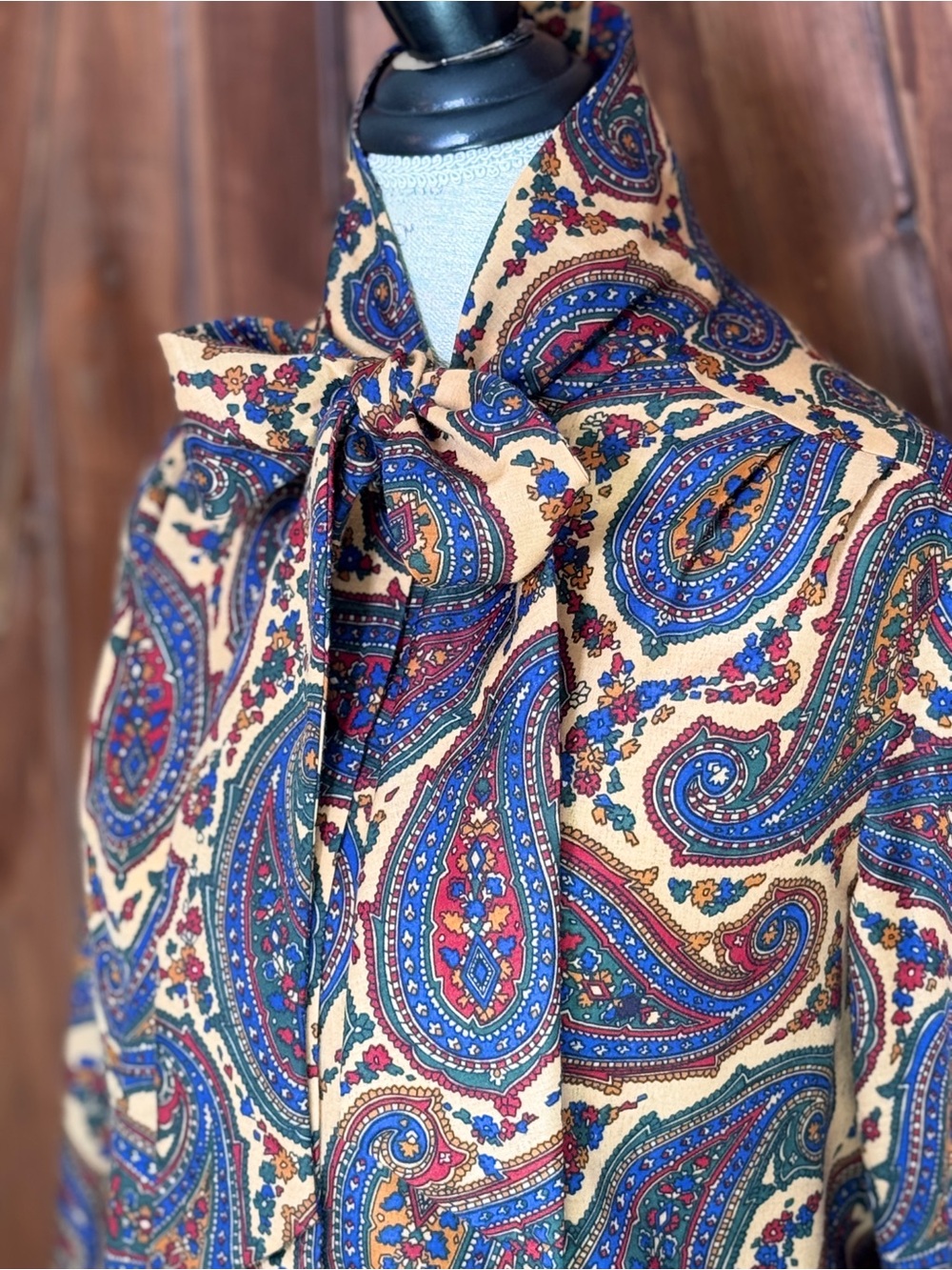 Vintage Paisley Tie-Neck Blouse by Vintage — Tan, Blue, Red - Picture 2 of 6